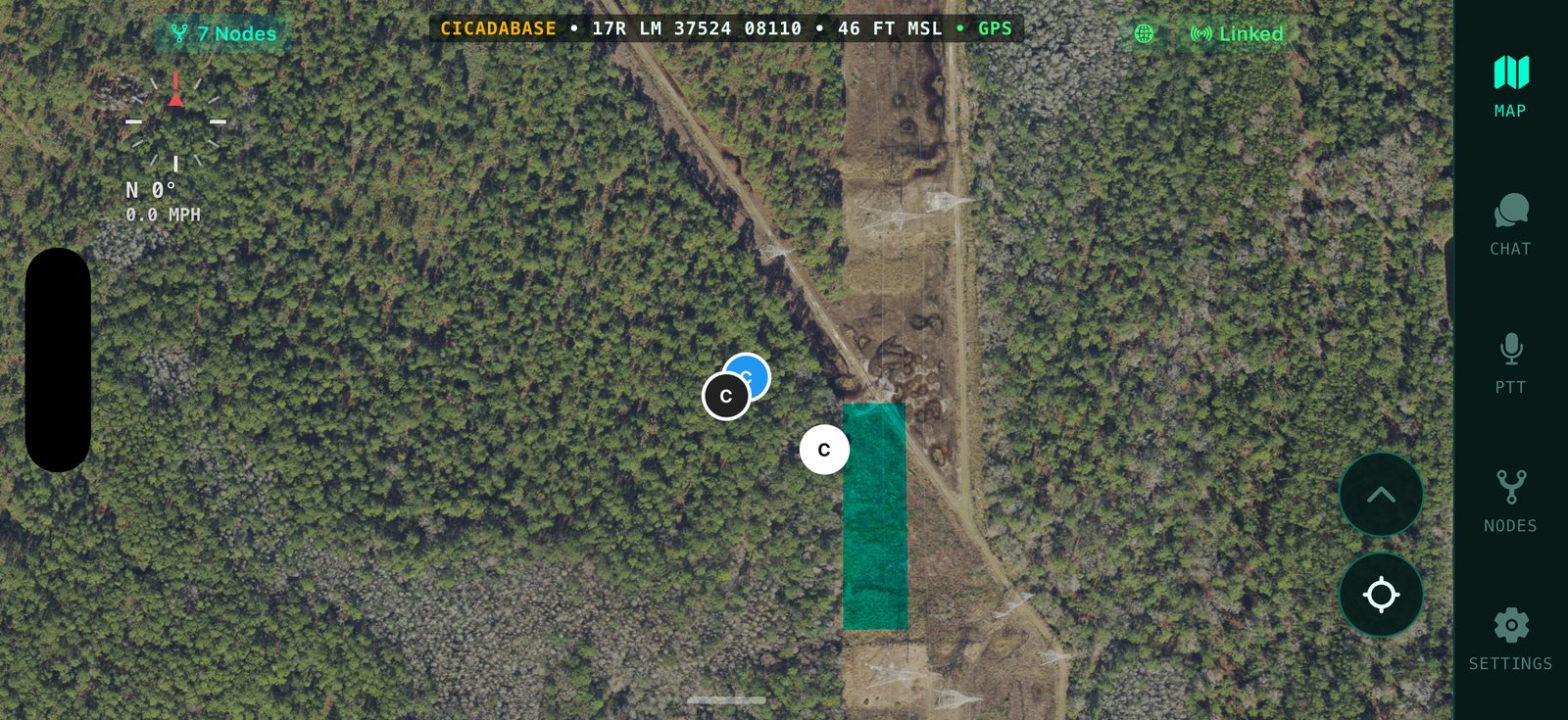 CicadaTAK app — landscape map with callsign, MGRS grid and GPS readout